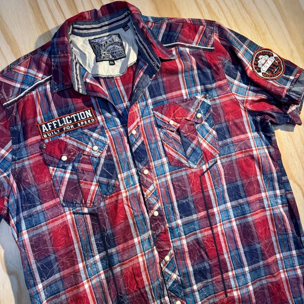Affliction Men's Black Premium Biker Plaid Pearl Snap Short Sleeve Shirt Red 2XL
